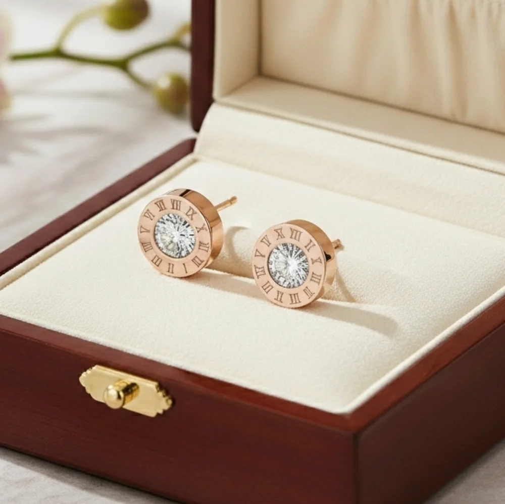 Roman Rose Gold Numeral Stud Earrings - Picture 1 of 8